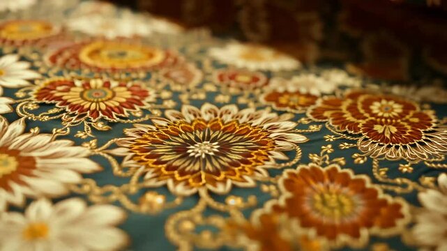 A close-up of delicately draped fabric featuring an intricate vintage floral pattern in warm golden and earthy tones. The soft folds and fine texture highlight the richness and elegance of the textile
