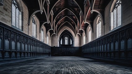 Empty church hall showcases elegant gothic architecture with arched windows and a vaulted ceiling