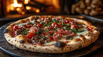 Close-up of freshly made gourmet pizzwith fresh ingredientsmelted cheese, symbolizing culinary craftsmanship, food culture, the rising popularity of artisanal pizza-making