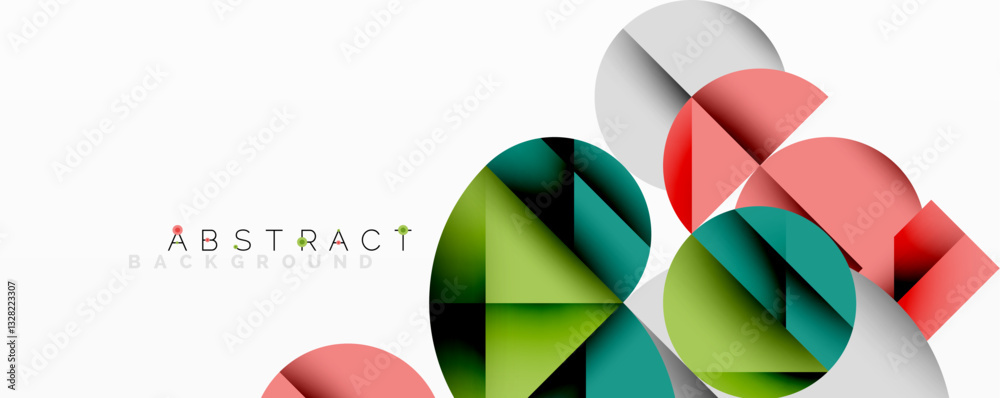 Poster Abstract geometric design with intersecting circles, triangles, squares and sharp angles creating a layered composition with gradients, depth, and contrast