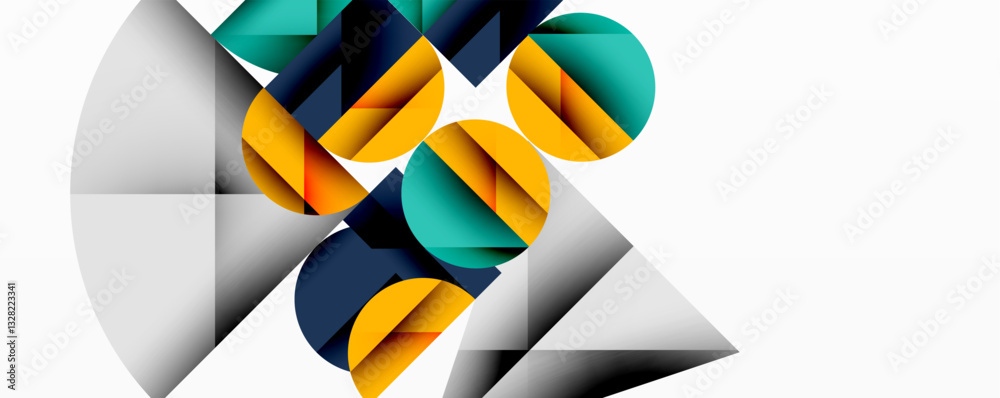 Poster Abstract geometric design with intersecting circles, triangles, squares and sharp angles creating a layered composition with gradients, depth, and contrast
