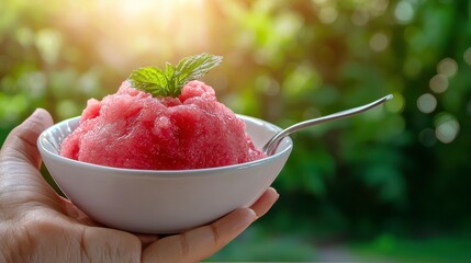 Refreshing Red Watermelon Granita in a White Bowl Outdoors