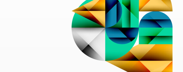 Abstract geometric artwork with overlapping circles and gradients, circle square triangle shapes background featuring sharp angular cuts, smooth shading, and structured layered composition