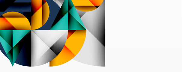 Abstract geometric design with intersecting circles, triangles, squares and sharp angles creating a layered composition with gradients, depth, and contrast