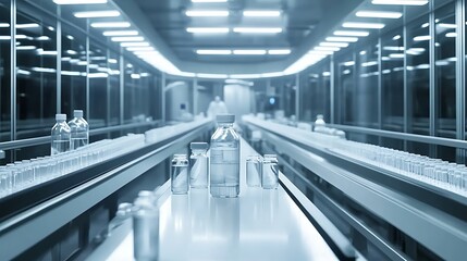 Fototapeta premium Bottles Moving on Conveyor Belt in Sterile Pharmaceutical Manufacturing Facility
