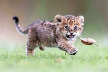 Fototapeta premium Playful lion cub running with leaf in grassy field