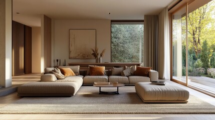 3D cozy family living room with a large sectional sofa,