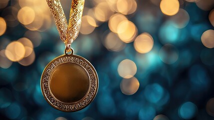 Close-up of gold medal shimmering against blurred background of bright lights, representing excellence, achievement, the celebration of victories in sports, competitions, or professional