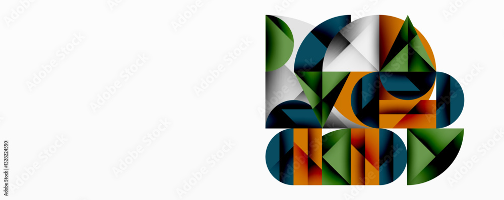 Poster Abstract geometric design with intersecting circles, triangles, squares and sharp angles creating a layered composition with gradients, depth, and contrast