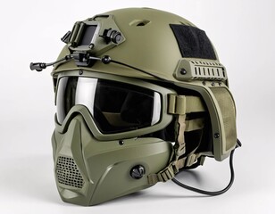 Military style tactical helmet with integrated visor and face protection