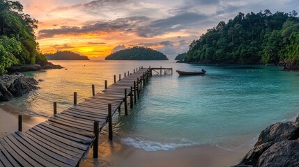 Obraz premium Tropical sunset pier, tranquil ocean, island paradise