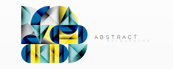 Modern abstract composition with layered circles and angular segments featuring gradients, transparency effects, and a structured geometric layout