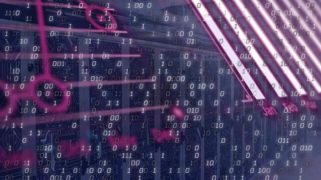Animation of digital technology with binary code and circuit board overlaying calendar