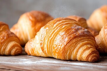 Fototapeta premium close-up of freshly baked golden-brown croissants placed in inviting arrangement on rustic wooden table accompanied