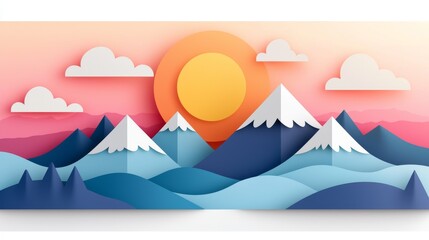 Serene sunrise over mountain range graphic art digital landscape calm environment vibrant colors