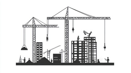 Construction site with cranes and workers, city background, illustration, business use