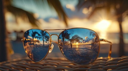 Close-up of pair of designer sunglasses with reflection of tropical beach, highlighting luxury fashion, summer vacations, stylish accessories in relaxed vacation setting