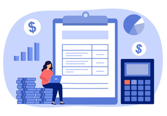 Personal or family budget planning financial vector illustration with dollars, coins, woman, calculator, document and graph. Tax report, audit or investment analysis. Budget planning.