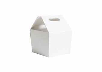 Blank white takeaway food box mockup with built-in handle for restaurant and cafe packaging design.
