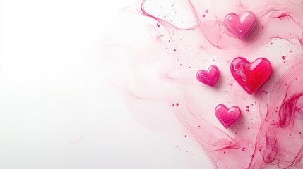 Pink hearts and pink smoke on white background