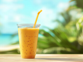 Refreshing Mango Smoothie in a Clear Cup with a Beachfront View