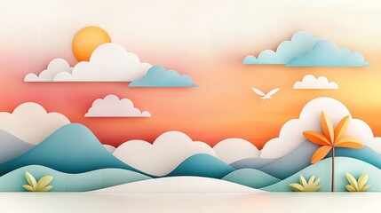 Dreamy paper cut landscape with mountains sun and clouds at sunset digital art calm view