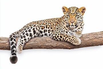 Fototapeta premium Young Leopard Resting on Tree Branch Against White Background