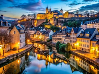 Fototapeta premium Night View of Grund Quarter, Luxembourg City, Alzette River, March 31, 2024