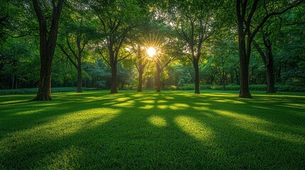 Obraz premium Sunbeams through lush green trees in a park.