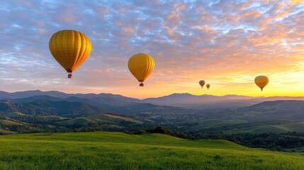 Obraz premium Breathtaking view of hot air balloons floating over green hills at sunset