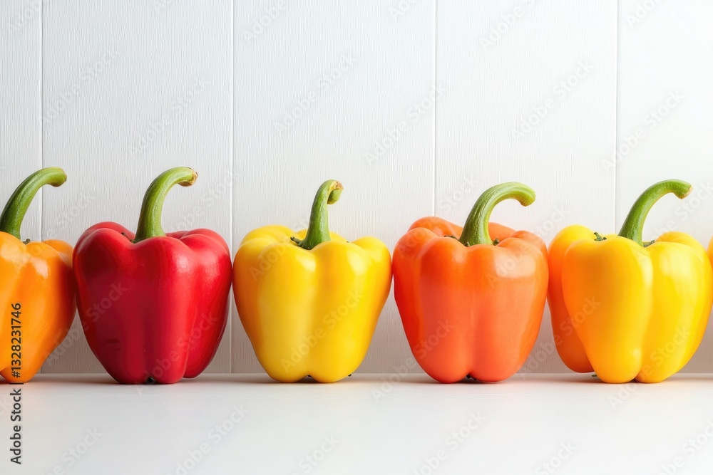 Aufkleber dynamic image of colorful bell peppers arranged in row on smooth white background with subtle reflec