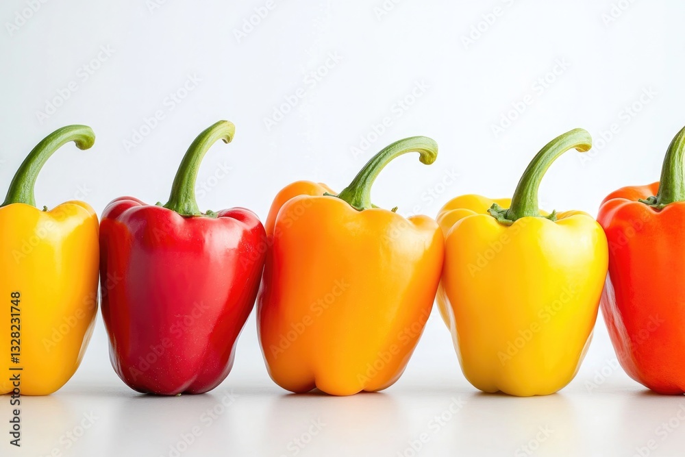Poster dynamic image of colorful bell peppers arranged in row on smooth white background with subtle reflec