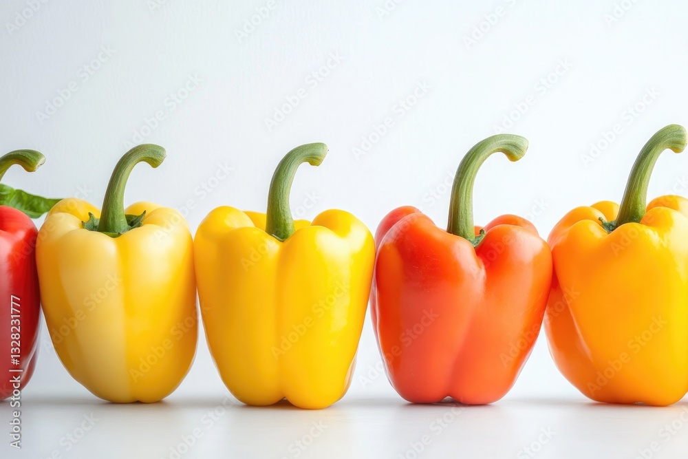 Poster dynamic image of colorful bell peppers arranged in row on smooth white background with subtle reflec