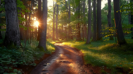 Obraz premium Serene forest pathway illuminated by golden sunlight, surrounded by lush greenery and tall trees