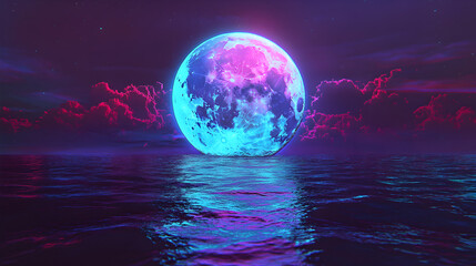 moon shining over a digital ocean with glitchy reflections in vibrant neon tones 