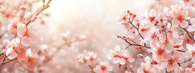 Pink cherry blossoms on a blurred beige background