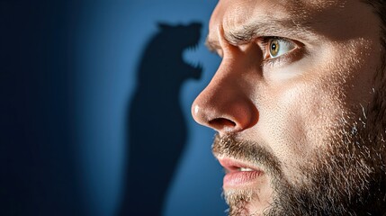 Obraz premium Man Contemplates Shadow of Wolf on Wall in Dark Room