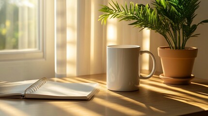 Sunlit Morning: Coffee, Notebook, Plant