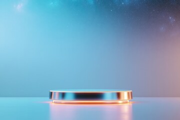 futuristic podium with metallic shine glowing edges and cosmic starry backdrop surrounded by generous copy space