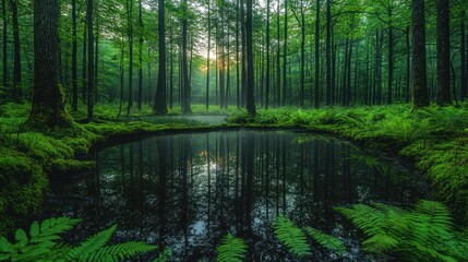 Obraz premium Sunlit forest pond with lush greenery and mist.