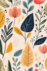 Autumn floral pattern, beige background, leaves, flowers, textile design