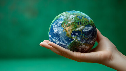 Miniature planet Earth resting on a hand, representing sustainability and global responsibility.