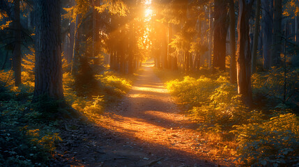 Fototapeta premium Serene forest path illuminated by golden sunlight, surrounded by lush greenery and tranquil nature