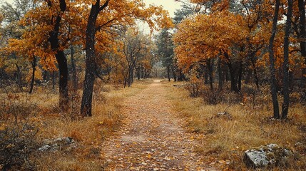 Fototapeta premium Autumnal path through golden forest.