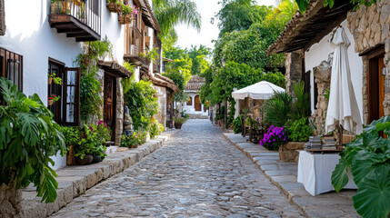 Fototapeta premium Charming cobblestone street lined with vibrant plants and historic buildings