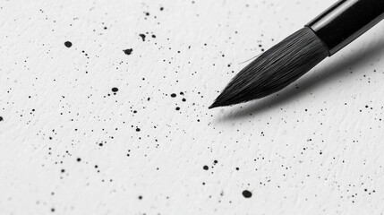 Paintbrush on White Canvas with Black Ink Splashes Close-Up Image