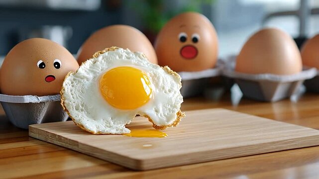 A playful scene featuring a cracked egg with a bright yolk on a wooden board, surrounded by whole eggs with funny faces in a cozy kitchen setting