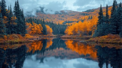 Fototapeta premium Autumn lake reflecting colorful foliage and mountains.