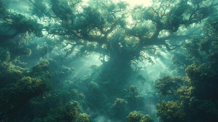 Fototapeta premium Enormous ancient tree in mystical forest, sunlight rays.