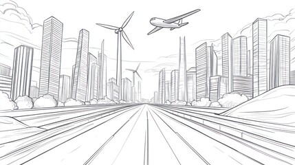 Urban sketch, road, cityscape, wind turbines, airplane, futuristic